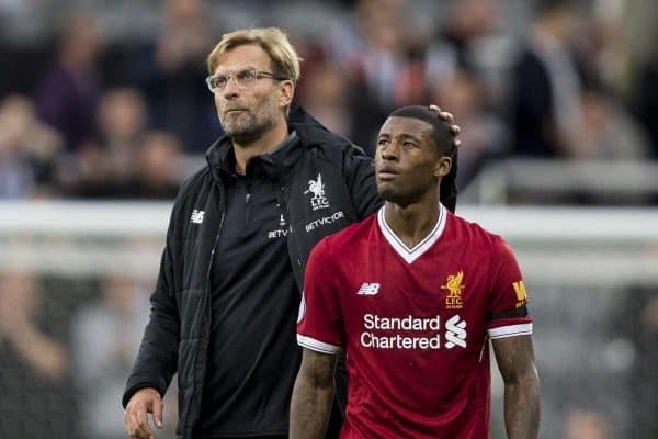 NEWCASTLE-UPON-TYNE, ENGLAND - Sunday, October 1, 2017: Liverpool Manager J¸rgen Klopp and Georginio Wijnaldum after the FA Premier League match between Newcastle United and Liverpool at St. James' Park. (Pic by Paul Greenwood/Propaganda)