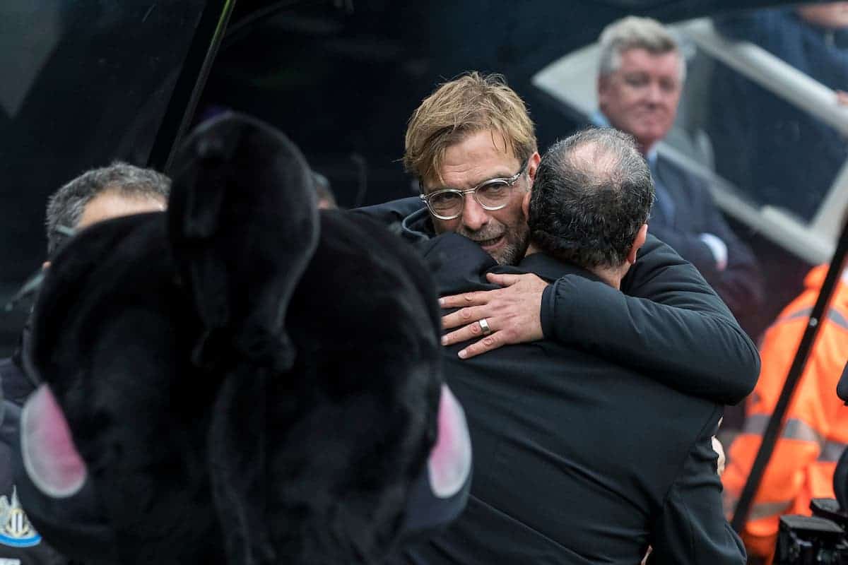 NEWCASTLE-UPON-TYNE, ENGLAND - Sunday, October 1, 2017: Newcastle United manager Rafa Benítez greets Liverpool Manager Jürgen Klopp before the FA Premier League match between Newcastle United and Liverpool at St. James' Park. (Pic by Paul Greenwood/Propaganda)