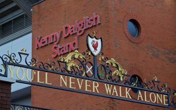 LIVERPOOL, ENGLAND - Friday, October 13, 2017: Images of former Liverpool player and manager and current non-executive director Kenny Dalglish on the side of the Centenary Stand, renamed the Kenny Dalglish Stand. (Pic by David Rawcliffe/Propaganda)