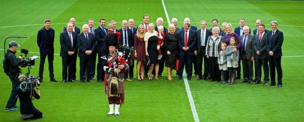 LIVERPOOL, ENGLAND - Friday, October 13, 2017: Kenny Dalglish with family and former players at a ceremony to rename Liverpool FC's Centenary Stand the Kenny Dalglish Stand. Steven Gerrard, Gerard Houllier, Gary McAllister, Ian Callaghan, Ronnie Whelan, Alan Kennedy, Paul Dalglish, Phil Neal, Lauren Dalglish, Gary Gillespie, Lindsey Dalglish, Chris Lawler, Terry McDermott, Marina Dalglish, Kenny Dalglish, Robbie Fowler, Ian St John, Jamie Carragher, Roy Evans, Michael Owen, Alan Hansen. (Pic by David Rawcliffe/Propaganda)