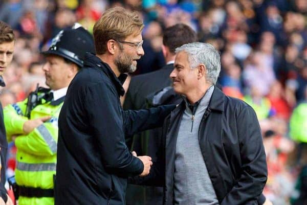 LIVERPOOL, ENGLAND - Saturday, October 14, 2017: Liverpool's manager Jürgen Klopp and Manchester United's manager Jose Mourinho before the FA Premier League match between Liverpool and Manchester United at Anfield. (Pic by David Rawcliffe/Propaganda)