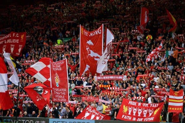 LIVERPOOL, ENGLAND - Saturday, October 14, 2017: Liverpool supporters on the Spion Kop during the FA Premier League match between Liverpool and Manchester United at Anfield. (Pic by David Rawcliffe/Propaganda)