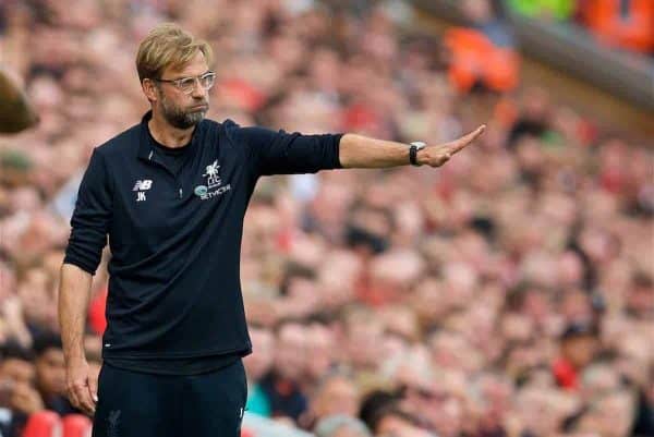 LIVERPOOL, ENGLAND - Saturday, October 14, 2017: Liverpool's manager Jürgen Klopp during the FA Premier League match between Liverpool and Manchester United at Anfield. (Pic by David Rawcliffe/Propaganda)