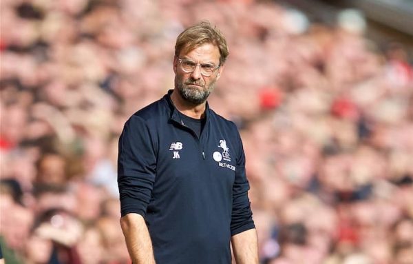 LIVERPOOL, ENGLAND - Saturday, October 14, 2017: Liverpool's manager J¸rgen Klopp reacts during the FA Premier League match between Liverpool and Manchester United at Anfield. (Pic by David Rawcliffe/Propaganda)