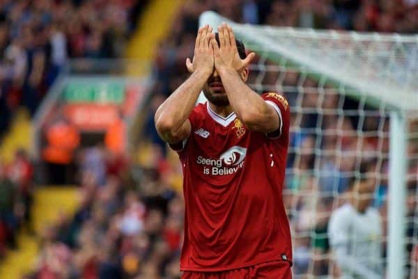 LIVERPOOL, ENGLAND - Saturday, October 14, 2017: Liverpool's Emre Can looks dejected after missing a chance during the FA Premier League match between Liverpool and Manchester United at Anfield. (Pic by David Rawcliffe/Propaganda)