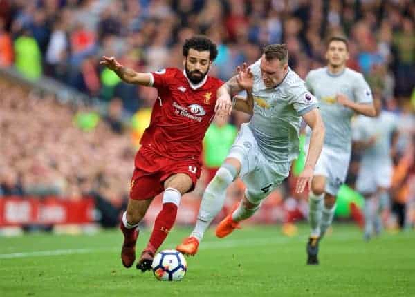 LIVERPOOL, ENGLAND - Saturday, October 14, 2017: Liverpool's Mohamed Salah and Manchester United's Phil Jones during the FA Premier League match between Liverpool and Manchester United at Anfield. (Pic by David Rawcliffe/Propaganda)