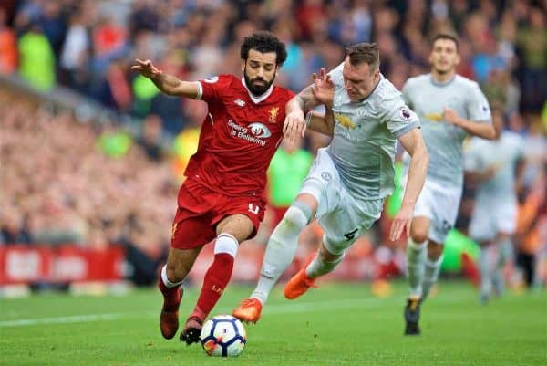 LIVERPOOL, ENGLAND - Saturday, October 14, 2017: Liverpool's Mohamed Salah and Manchester United's Phil Jones during the FA Premier League match between Liverpool and Manchester United at Anfield. (Pic by David Rawcliffe/Propaganda)