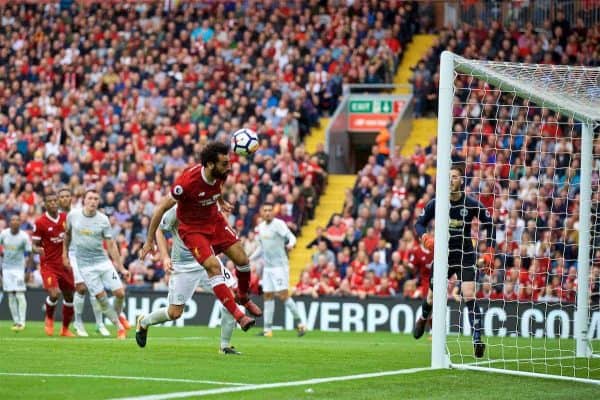 LIVERPOOL, ENGLAND - Saturday, October 14, 2017: Liverpool's Mohamed Salah misses a chance during the FA Premier League match between Liverpool and Manchester United at Anfield. (Pic by David Rawcliffe/Propaganda)