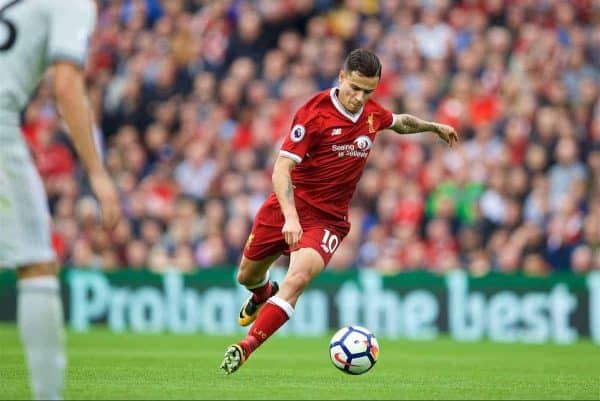 LIVERPOOL, ENGLAND - Saturday, October 14, 2017: Liverpool's Philippe Coutinho Correia during the FA Premier League match between Liverpool and Manchester United at Anfield. (Pic by David Rawcliffe/Propaganda)