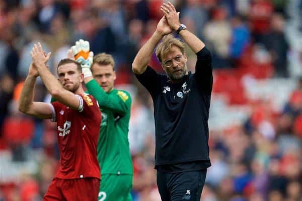 LIVERPOOL, ENGLAND - Saturday, October 14, 2017: Liverpool's manager Jürgen Klopp applauds the supporters after the goal-less draw with Manchester United during the FA Premier League match between Liverpool and Manchester United at Anfield. (Pic by David Rawcliffe/Propaganda)