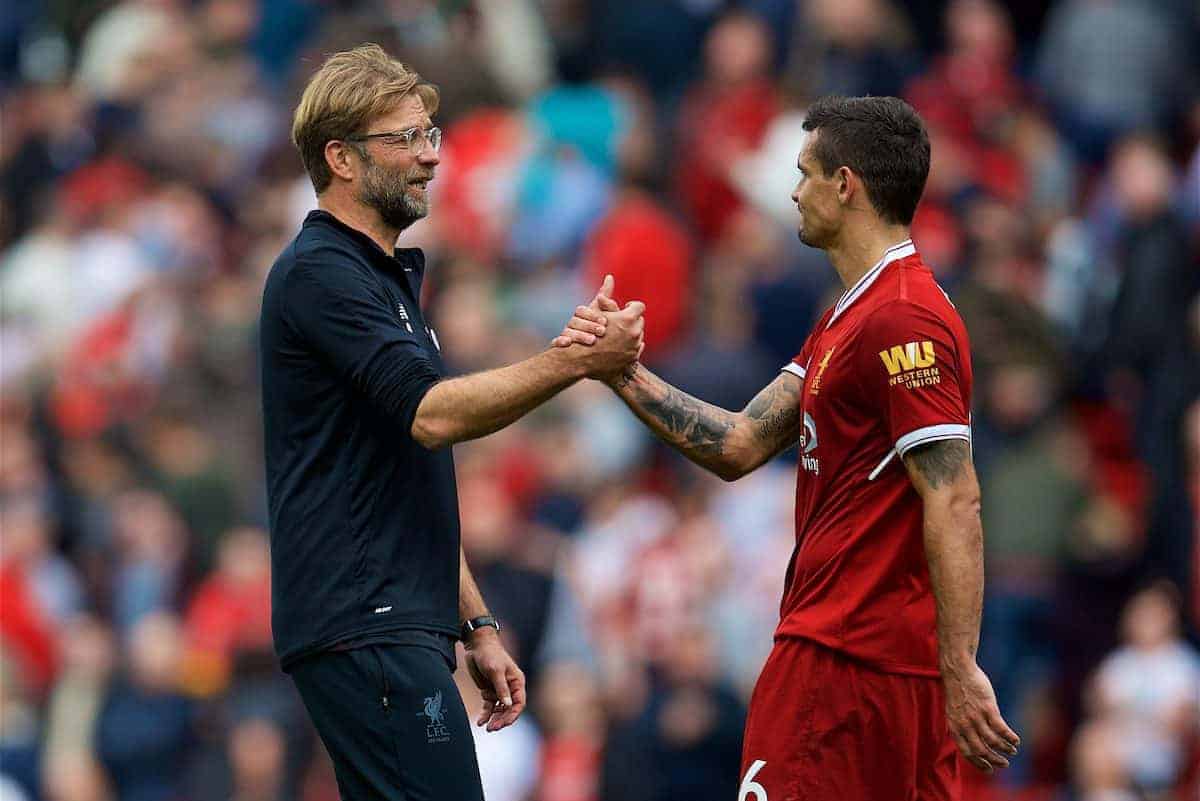 LIVERPOOL, ENGLAND - Saturday, October 14, 2017: Liverpool's manager Jürgen Klopp with Dejan Lovren after the goal-less draw with Manchester United during the FA Premier League match between Liverpool and Manchester United at Anfield. (Pic by David Rawcliffe/Propaganda)