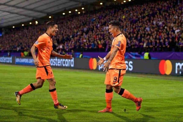 MARIBOR, SLOVENIA - Tuesday, October 17, 2017: Liverpool's Roberto Firmino celebrates scoring the first goal during the UEFA Champions League Group E match between NK Maribor and Liverpool at the Stadion Ljudski vrt. (Pic by David Rawcliffe/Propaganda)