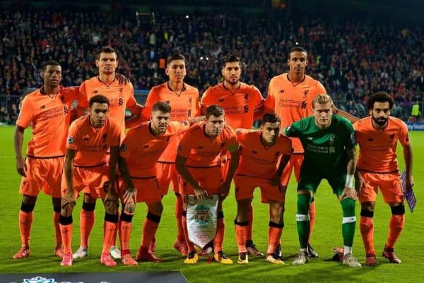 MARIBOR, SLOVENIA - Tuesday, October 17, 2017: Liverpool's players line-up for a team group photograph before the UEFA Champions League Group E match between NK Maribor and Liverpool at the Stadion Ljudski vrt. Back row L-R: Georginio Wijnaldum, Dejan Lovren, Roberto Firmino, Emre Can, Joel Matip. Front row L-R: Trent Alexander-Arnold, Alberto Moreno, James Milner, Philippe Coutinho Correia, goalkeeper Loris Karius, Mohamed Salah. (Pic by David Rawcliffe/Propaganda)