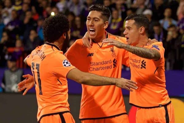 MARIBOR, SLOVENIA - Tuesday, October 17, 2017: Liverpool's Roberto Firmino celebrates scoring the first goal with team-mates Mohamed Salah and Philippe Coutinho Correia during the UEFA Champions League Group E match between NK Maribor and Liverpool at the Stadion Ljudski vrt. (Pic by David Rawcliffe/Propaganda)