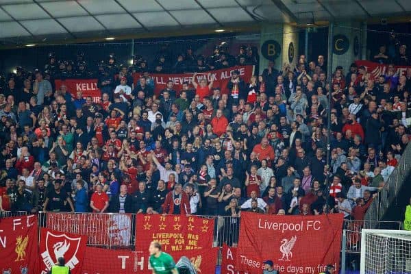 MARIBOR, SLOVENIA - Tuesday, October 17, 2017: Liverpool supporters celebrate the second goal during the UEFA Champions League Group E match between NK Maribor and Liverpool at the Stadion Ljudski vrt. (Pic by David Rawcliffe/Propaganda)