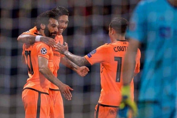 MARIBOR, SLOVENIA - Tuesday, October 17, 2017: Liverpool's Mohamed Salah celebrates scoring the third goal with team-mates Roberto Firmino and Philippe Coutinho Correia during the UEFA Champions League Group E match between NK Maribor and Liverpool at the Stadion Ljudski vrt. (Pic by David Rawcliffe/Propaganda)