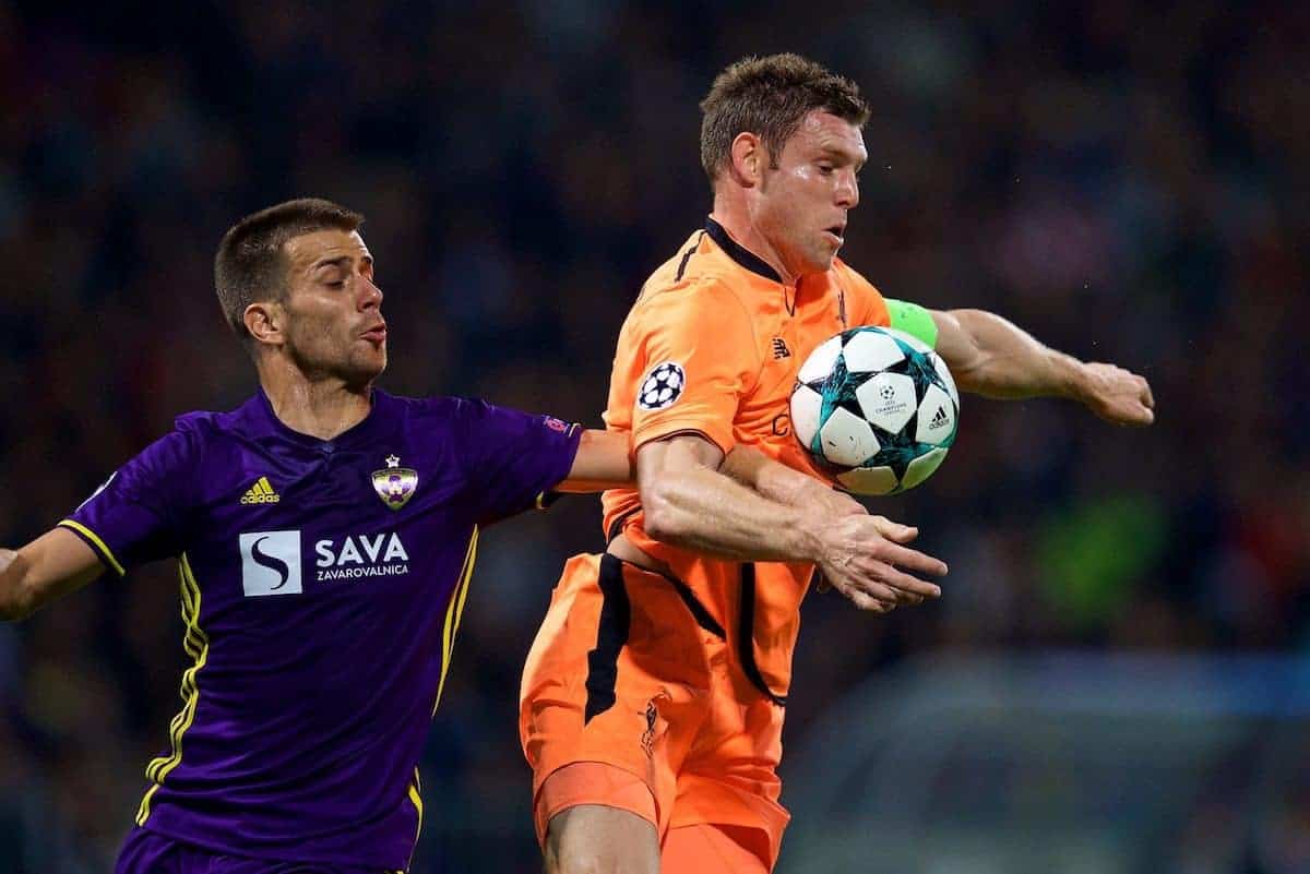 MARIBOR, SLOVENIA - Tuesday, October 17, 2017: Liverpool's James Milner during the UEFA Champions League Group E match between NK Maribor and Liverpool at the Stadion Ljudski vrt. (Pic by David Rawcliffe/Propaganda)