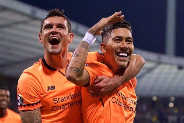 MARIBOR, SLOVENIA - Tuesday, October 17, 2017: Liverpool's Roberto Firmino celebrates scoring the fifth goal with team-mate Dejan Lovren during the UEFA Champions League Group E match between NK Maribor and Liverpool at the Stadion Ljudski vrt. (Pic by David Rawcliffe/Propaganda)