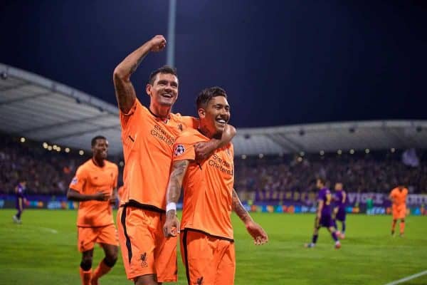 MARIBOR, SLOVENIA - Tuesday, October 17, 2017: Liverpool's Roberto Firmino celebrates scoring the fifth goal with team-mate Dejan Lovren during the UEFA Champions League Group E match between NK Maribor and Liverpool at the Stadion Ljudski vrt. (Pic by David Rawcliffe/Propaganda)