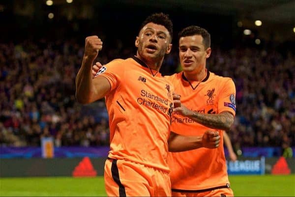 MARIBOR, SLOVENIA - Tuesday, October 17, 2017: Liverpool's Alex Oxlade-Chamberlain celebrates scoring the sixth goal during the UEFA Champions League Group E match between NK Maribor and Liverpool at the Stadion Ljudski vrt. (Pic by David Rawcliffe/Propaganda)