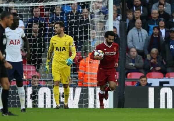 LONDON, ENGLAND - Sunday, October 22, 2017: Mohamed Salah (L) runs past Hugo Lloris (TH) after scoring the first Liverpool goal during the FA Premier League match between Tottenham Hotspur and Liverpool at Wembley Stadium. (Pic by Paul Marriott/Propaganda)