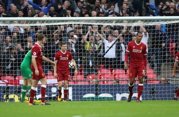 LONDON, ENGLAND - Sunday, October 22, 2017: Dejected James Milner (L) gets the ball from the back of the net after the fourth Spurs goal during the FA Premier League match between Tottenham Hotspur and Liverpool at Wembley Stadium. (Pic by Paul Marriott/Propaganda)