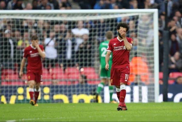 LONDON, ENGLAND - Sunday, October 22, 2017: l11 dejection after the fourth Spurs goal during the FA Premier League match between Tottenham Hotspur and Liverpool at Wembley Stadium. (Pic by Paul Marriott/Propaganda)