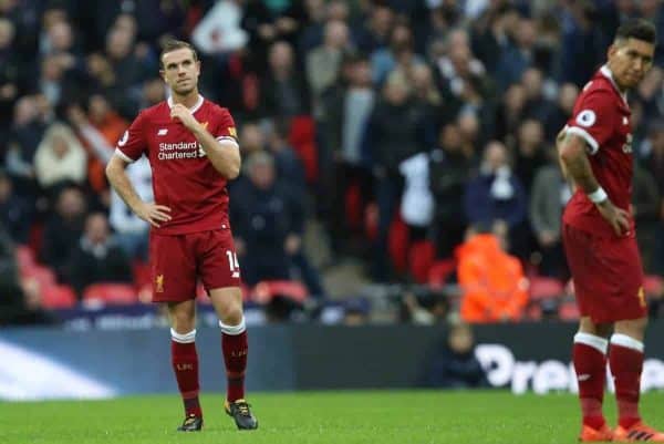 LONDON, ENGLAND - Sunday, October 22, 2017: Jordan Henderson (L) dejection during the FA Premier League match between Tottenham Hotspur and Liverpool at Wembley Stadium. (Pic by Paul Marriott/Propaganda)