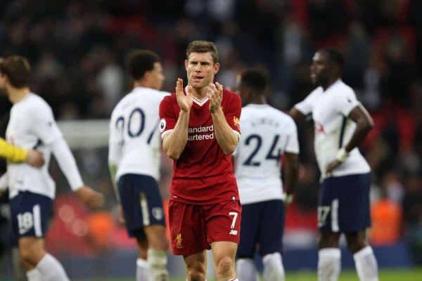 LONDON, ENGLAND - Sunday, October 22, 2017: James Milner (L) applauds the Liverpool fans at the end of the FA Premier League match between Tottenham Hotspur and Liverpool at Wembley Stadium. (Pic by Paul Marriott/Propaganda)