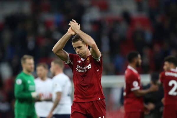 LONDON, ENGLAND - Sunday, October 22, 2017: Jordan Henderson (L) applauds the fans at the end of the FA Premier League match between Tottenham Hotspur and Liverpool at Wembley Stadium. (Pic by Paul Marriott/Propaganda)