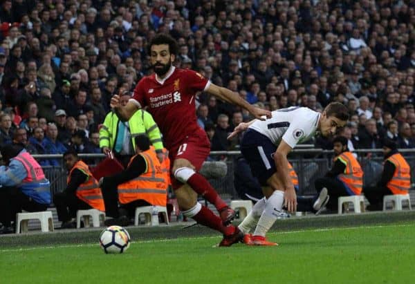 LONDON, ENGLAND - Sunday, October 22, 2017: Mohamed Salah (L) Harry Winks (TH) during the FA Premier League match between Tottenham Hotspur and Liverpool at Wembley Stadium. (Pic by Paul Marriott/Propaganda)