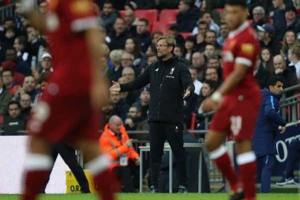 LONDON, ENGLAND - Sunday, October 22, 2017: Jurgen Klopp (Liverpool manager) during the FA Premier League match between Tottenham Hotspur and Liverpool at Wembley Stadium. (Pic by Paul Marriott/Propaganda)