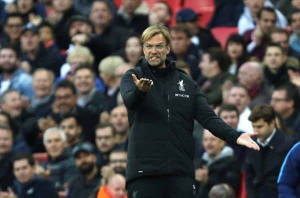 LONDON, ENGLAND - Sunday, October 22, 2017: Jurgen Klopp (Liverpool manager) during the FA Premier League match between Tottenham Hotspur and Liverpool at Wembley Stadium. (Pic by Paul Marriott/Propaganda)