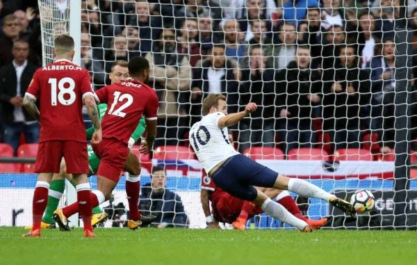 LONDON, ENGLAND - Sunday, October 22, 2017: Harry Kane (TH) scores the fourth Spurs goal during the FA Premier League match between Tottenham Hotspur and Liverpool at Wembley Stadium. (Pic by Paul Marriott/Propaganda)