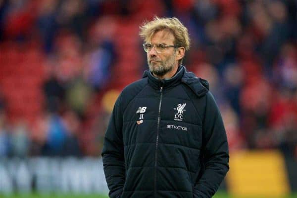 LIVERPOOL, ENGLAND - Saturday, October 28, 2017: Liverpool's manager Jürgen Klopp before the FA Premier League match between Liverpool and Huddersfield Town at Anfield. (Pic by David Rawcliffe/Propaganda)