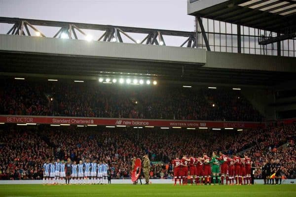 LIVERPOOL, ENGLAND - Saturday, October 28, 2017: Liverpool and Huddersfield Town players stand for a minute's silence before the FA Premier League match between Liverpool and Huddersfield Town at Anfield. (Pic by David Rawcliffe/Propaganda)