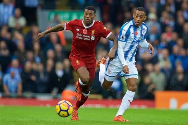 LIVERPOOL, ENGLAND - Saturday, October 28, 2017: Liverpool's Georginio Wijnaldum and Huddersfield Town's Rajiv van La Parra during the FA Premier League match between Liverpool and Huddersfield Town at Anfield. (Pic by David Rawcliffe/Propaganda)