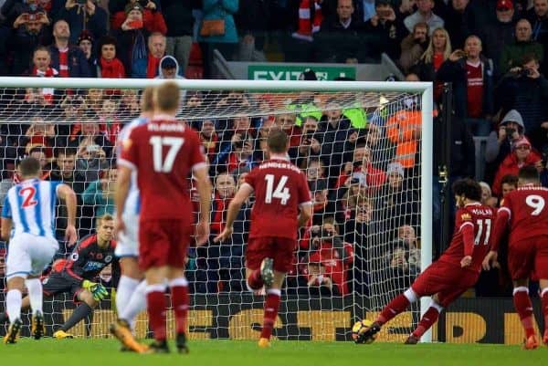 LIVERPOOL, ENGLAND - Saturday, October 28, 2017: Liverpool's Mohamed Salah sees his penalty saved by Huddersfield Town's goalkeeper Jonas Lˆssl during the FA Premier League match between Liverpool and Huddersfield Town at Anfield. (Pic by David Rawcliffe/Propaganda)