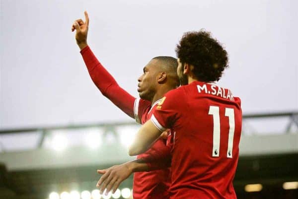 LIVERPOOL, ENGLAND - Saturday, October 28, 2017: Liverpool's Daniel Sturridge celebrates scoring the first goal with team-mate Mohamed Salah during the FA Premier League match between Liverpool and Huddersfield Town at Anfield. (Pic by David Rawcliffe/Propaganda)