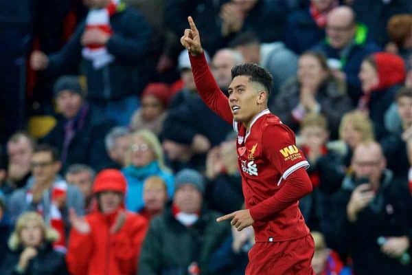 LIVERPOOL, ENGLAND - Saturday, October 28, 2017: Liverpool's Roberto Firmino celebrates scoring the second goal during the FA Premier League match between Liverpool and Huddersfield Town at Anfield. (Pic by David Rawcliffe/Propaganda)