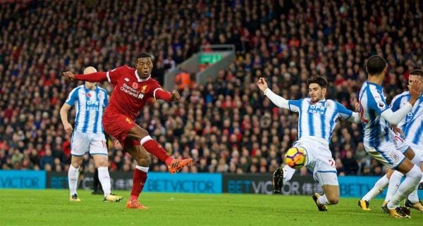 LIVERPOOL, ENGLAND - Saturday, October 28, 2017: Liverpool's Georginio Wijnaldum scores the third goal during the FA Premier League match between Liverpool and Huddersfield Town at Anfield. (Pic by David Rawcliffe/Propaganda)