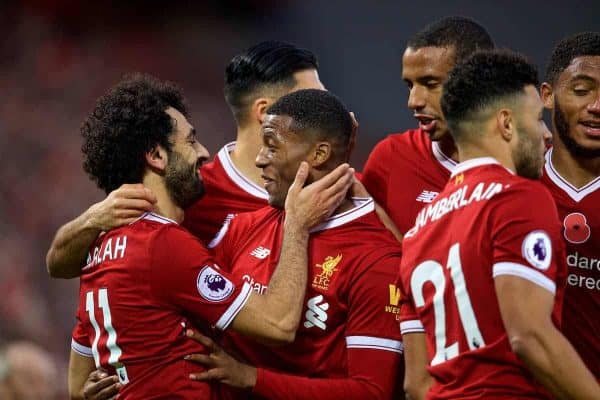 LIVERPOOL, ENGLAND - Saturday, October 28, 2017: Liverpool's Georginio Wijnaldum celebrates scoring the third goal with team-mate Mohamed Salah during the FA Premier League match between Liverpool and Huddersfield Town at Anfield. (Pic by David Rawcliffe/Propaganda)