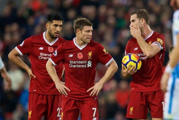 LIVERPOOL, ENGLAND - Saturday, October 28, 2017: Liverpool's captain Jordan Henderson with Emre Can and James Milner during the FA Premier League match between Liverpool and Huddersfield Town at Anfield. (Pic by David Rawcliffe/Propaganda)