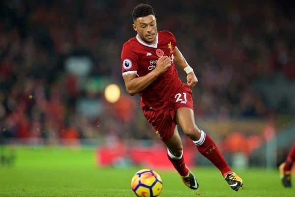 LIVERPOOL, ENGLAND - Saturday, October 28, 2017: Liverpool's Alex Oxlade-Chamberlain during the FA Premier League match between Liverpool and Huddersfield Town at Anfield. (Pic by David Rawcliffe/Propaganda)