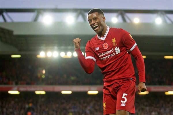 LIVERPOOL, ENGLAND - Saturday, October 28, 2017: Liverpool's Georginio Wijnaldum celebrates scoring the third goal during the FA Premier League match between Liverpool and Huddersfield Town at Anfield. (Pic by David Rawcliffe/Propaganda)