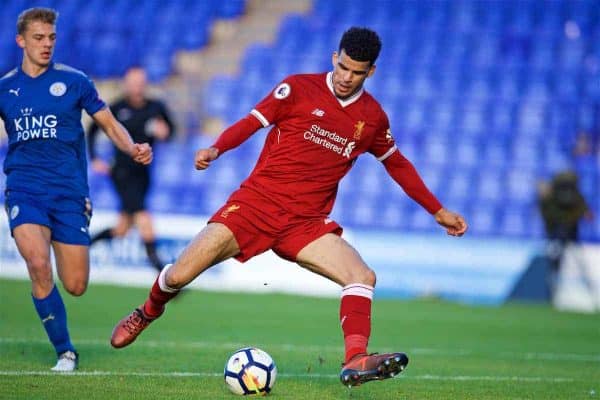BIRKENHEAD, ENGLAND - Sunday, October 29, 2017: Liverpool's Dominic Solanke during the Under-23 FA Premier League 2 Division 1 match between Liverpool and Leicester City at Prenton Park. (Pic by David Rawcliffe/Propaganda)