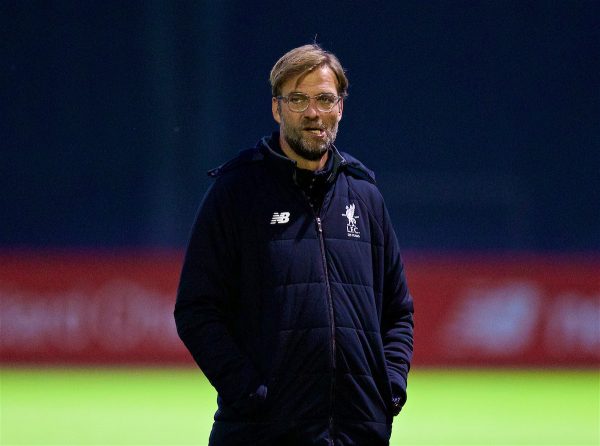 LIVERPOOL, ENGLAND - Tuesday, October 31, 2017: Liverpool's manager Jürgen Klopp during a training session at Melwood ahead of the UEFA Champions League Group E match between Liverpool FC and NK Maribor. (Pic by David Rawcliffe/Propaganda)