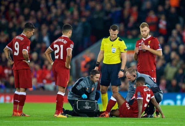 LIVERPOOL, ENGLAND - Wednesday, November 1, 2017: Liverpool's Georginio Wijnaldum goes down injured during the UEFA Champions League Group E match between Liverpool FC and NK Maribor at Anfield. (Pic by David Rawcliffe/Propaganda)