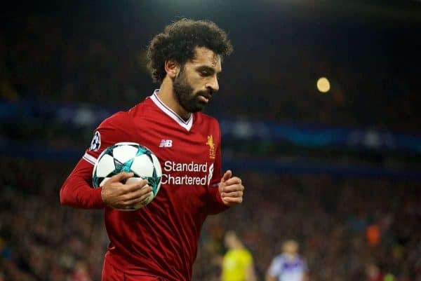 LIVERPOOL, ENGLAND - Wednesday, November 1, 2017: Liverpool's Mohamed Salah during the UEFA Champions League Group E match between Liverpool FC and NK Maribor at Anfield. (Pic by David Rawcliffe/Propaganda)