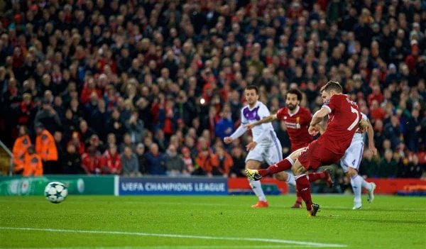 LIVERPOOL, ENGLAND - Wednesday, November 1, 2017: Liverpool's James Milner sees his penalty kick saved during the UEFA Champions League Group E match between Liverpool FC and NK Maribor at Anfield. (Pic by David Rawcliffe/Propaganda)